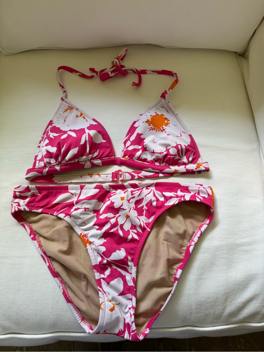 J. Crew Hot Pink, Orange and White Floral Triangle Bikini Set Size L